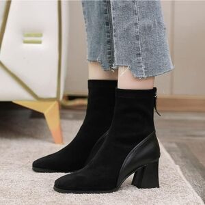 Black Chunky Heeled Boots with Soft Suede Upper
